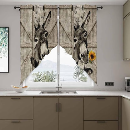 Funny Farm Animals Swag Valances for Windows, Vintage Barn Brown Sunflowers Rod Pocket Kitchen Curtains Valance, Small Window Curtains Swag for Cafe Bathroom Living Room, 2 Panels, 28x36 inch