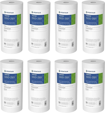 Pentair Pentek DGD-2501 Big Blue Water Filter, 10-Inch Whole House Sediment Filter Cartridge Replacement, Dual-Gradient Density Spun Polypropylene, 10" x 4.5", 1 Micron, Pack of 8
