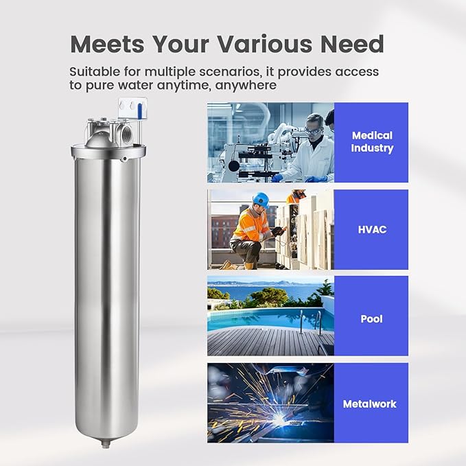 Amwater NSF/ANSI 42 Certification Big+ Stainless Steel Filter Housing for 20”Length,4.5"OD Filter Cartridge, Drain Valve Style C (Square Head)
