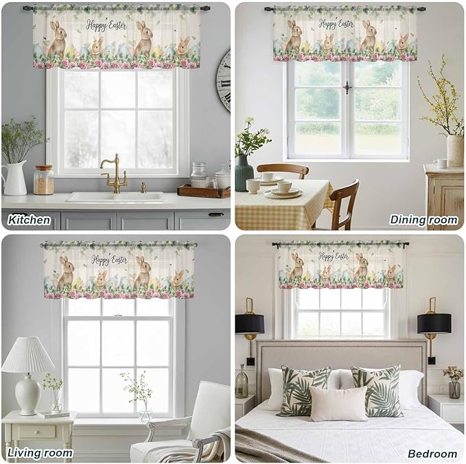 Easter Sheer Valances for Windows 42"x12", Light Filtering Kitchen Curtains Valance, Spring Watercolor Bunny Eggs Flower Leaf Beige Rod Pocket Chiffon Curtains for Living Room Bedroom Cafe