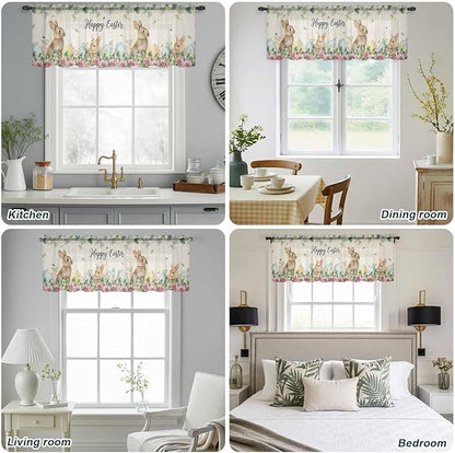 Easter Sheer Valances for Windows 42"x12", Light Filtering Kitchen Curtains Valance, Spring Watercolor Bunny Eggs Flower Leaf Beige Rod Pocket Chiffon Curtains for Living Room Bedroom Cafe