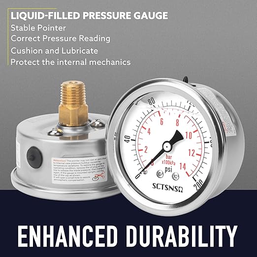 2-1/2" Dial Size, 0-200 Psi Pressure Gauge, Glycerin Liquid Filled, 1/4" NPT Back Mount, Stainless Steel Case, for Air Compressor, Shock, Water System, Well Pump, Tank, Pipe, Pressure Test