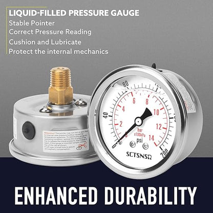2-1/2" Dial Size, 0-200 Psi Pressure Gauge, Glycerin Liquid Filled, 1/4" NPT Back Mount, Stainless Steel Case, for Air Compressor, Shock, Water System, Well Pump, Tank, Pipe, Pressure Test