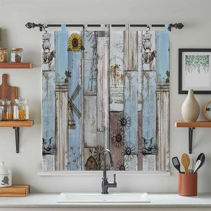 Blue Grey Wooden Living Room Curtains 84 Inch Length, Window Curtains Tab Top, Farmhouse Barn Sunflowers Retro Light Filtering Window Treatments Drapes 42"x84" 2 Panel