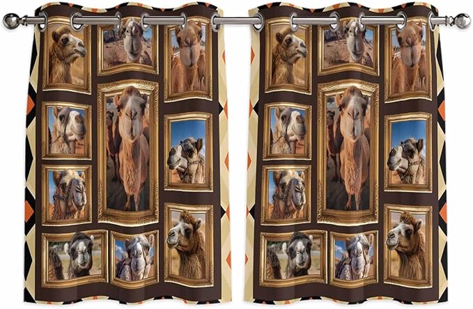 2 Panel Kitchen Cafe Curtains, Wildlife Camels Sunlight Filtering Nature Air Through, Home Decor Window Covering Tier Curtains for Bedroom Living Room Deserts Animals Brown Geometric Rustic