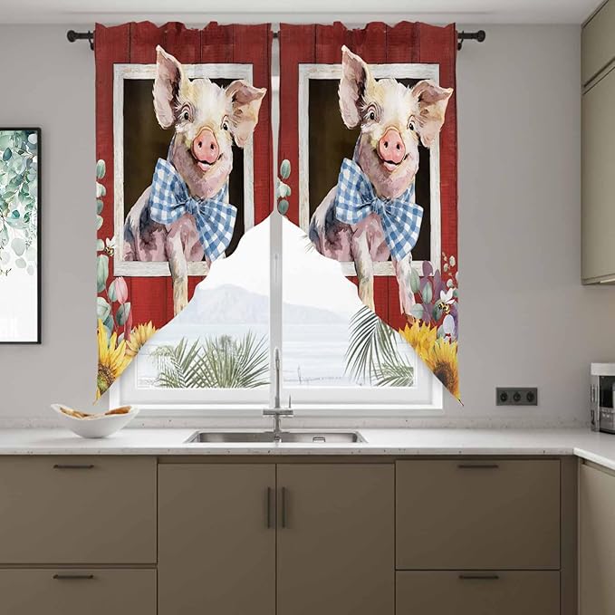Pig Sunflowers Swag Valances for Windows, Eucalyptus Leaves Floral Bees Red Barn Rod Pocket Kitchen Curtains Valance, Kitchen Window Curtains Swag for Cafe Bathroom Living Room, 2 Panels, 36x45 inch
