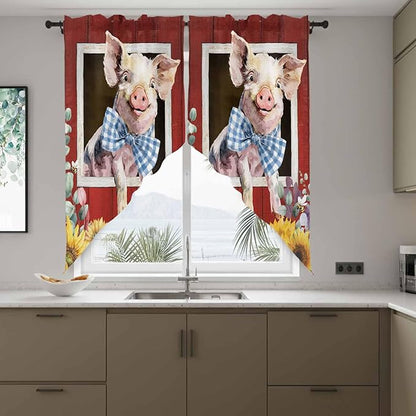Pig Sunflowers Swag Valances for Windows, Eucalyptus Leaves Floral Bees Red Barn Rod Pocket Kitchen Curtains Valance, Small Window Curtains Swag for Cafe Bathroom Living Room, 2 Panels, 36x36 inch