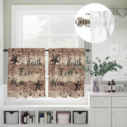 Kitchen Curtains Tiers and Valance Set of 3, Farmhouse Star Brown Light Filtering Window Curtain Set, Retro Branches Berry Wooden Grain Rod Pocket Curtain Drapes for Cafe, Living Room, 24 Inches Tiers