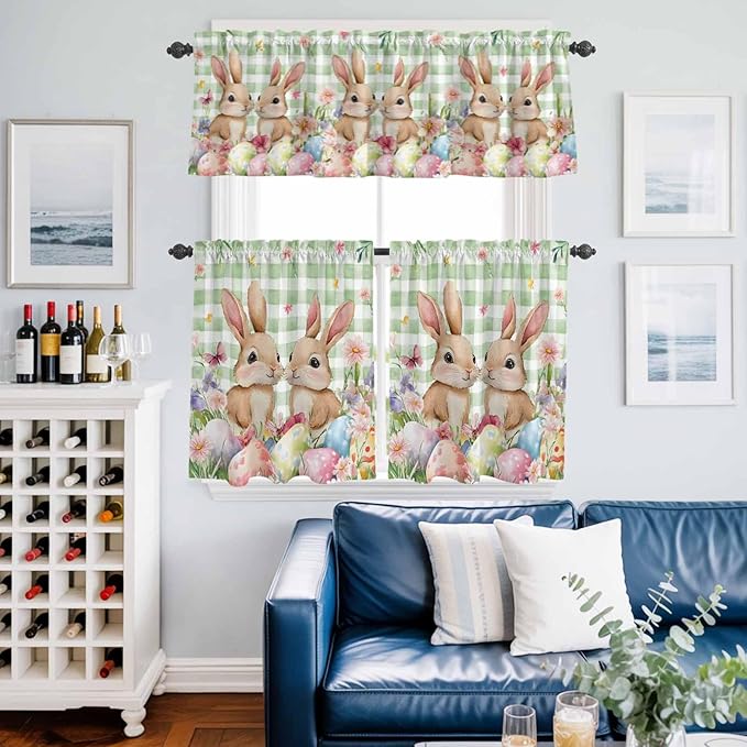 Easter Kitchen Curtains Set 3 Piece for Windows, Rod Pocket Valance and Tier Set 24 Inch Length, Spring Rabbit Eggs Flower Butterfly Green Plaid Light Filtering Cafe Curtains for Living Room Bathroom