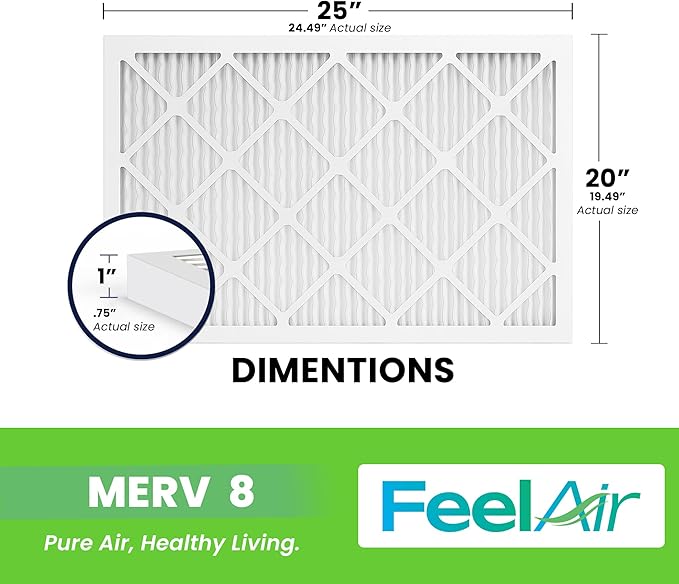 20x25x1 Air Filter, MERV 8, 6 Pack – Premium Pleated HVAC & Furnace Filter, Electrostatic AC Filter Replacement (Actual Size: 19.50" x 24.50" x 0.75")