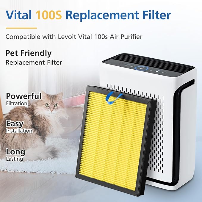 2 Pack Vital 100S Pet Care Replacement Filter for LEVOIT Vital 100S Air Purifier, 3-in-1 Vital 100s-P Hepa Filter and High-Efficiency Activated Carbon Filter, Replace Part #Vital 100S-RF-PA, Yellow