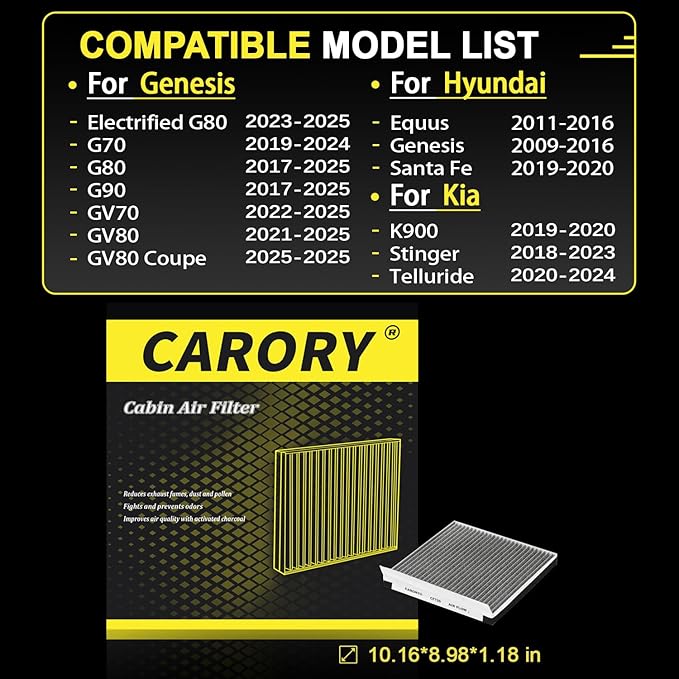 Cabin Air Filter w/Activated Carbon for Kia Telluride 2020-2023, Hyundai Santa Fe 2019-2020, Genesis GV70 2022-2025, GV80 2021-2025, G70 2019-2023, G80 2017-2025 and More