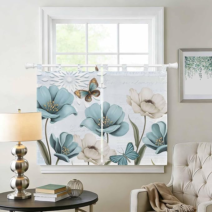 Blue Tulips Kitchen Curtains 45 Inch Length, Short Cafe Window Curtains Tab Top, Watercolor Flowers Butterfly Spring Farmhouse Blue Light Filtering Window Treatments Tier Drapes 27.5"x45" 2 Panel