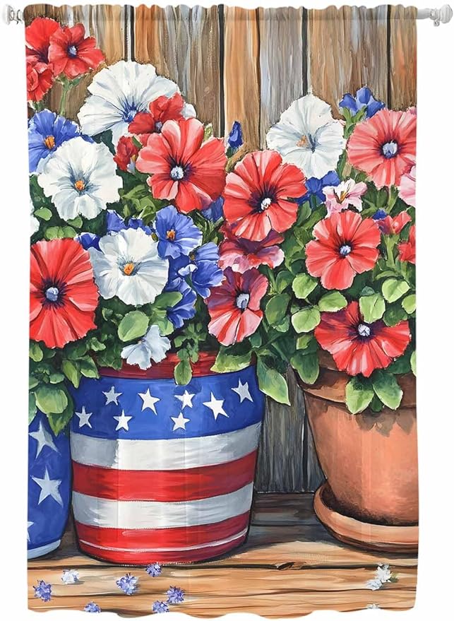Sheer Curtains 63 Inch Length, Red Blue Flower Semi Sheer Curtains Light Filtering Window Treatment, Retro Independence Day Flag Wood Grain Privacy Voile Drapes for Living Room Bedroom 52x63 Inch