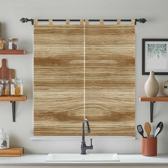 Light Brown Wood Grain Bathroom Curtains 63 Inch Length, Window Curtains Tab Top, Western Farmhouse Barn Door Light Filtering Window Treatments Drapes 52"x63" 2 Panel