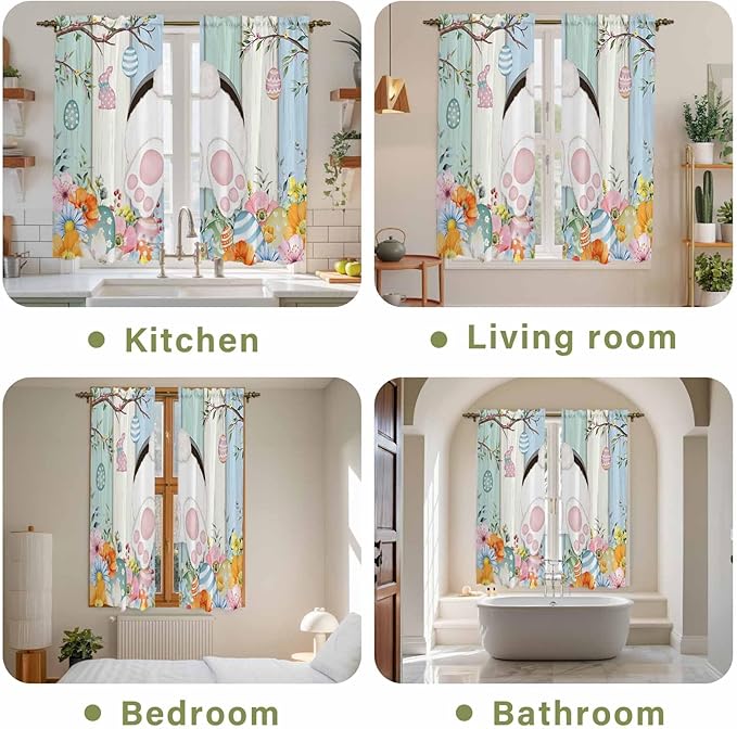 Easter Window Curtains 63 Inch Long 2 Panel Set, Rod Pocket Bedroom Curtains & Drapes, Spring Watercolor Bunny Eggs Wood Grain Teal Blue Light Filtering Window Treatment for Living Room 42"W x 63"L