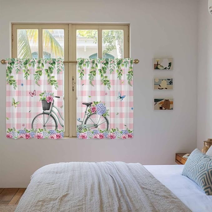 Spring Kitchen Curtains, Bicycles Leaves Butterfly Flowers Pink Buffalo Plaid Light Filtering Window Curtain Panels, 2Pcs Rod Pocket Window Treatments Set for RV Dining Room Study Room 42x54 Inches