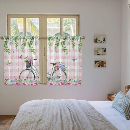 Spring Kitchen Curtains, Bicycles Leaves Butterfly Flowers Pink Buffalo Plaid Light Filtering Window Curtain Panels, 2Pcs Rod Pocket Window Treatments Set for RV Dining Room Study Room 42x54 Inches