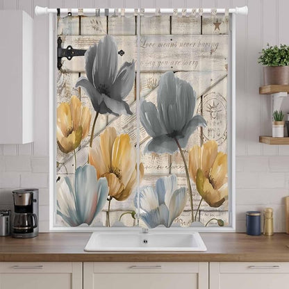 Spring Tulips Flower Living Room Curtains 84 Inch Length, Window Curtains Tab Top, Vintage Floral Barn Doors Rustic Beige Light Filtering Window Treatments Drapes 52"x84" 2 Panel