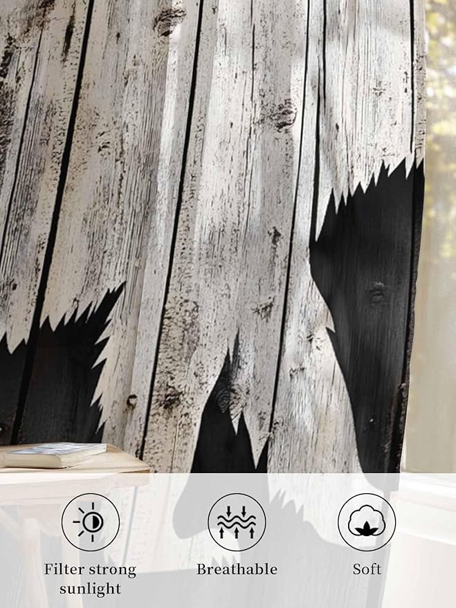 Sheer Curtains 84 Inches Long, White Brown Bear Semi Sheer Curtains Light Filtering Window Treatment, Farmhouse Country Rustic Wooden Grain Privacy Voile Drapes for Living Room Bedroom 52x84 Inch