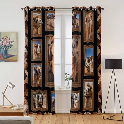 2 Panel Kitchen Cafe Curtains, Desert Camels Sunlight Filtering Nature Air Through, Home Decor Window Covering Tier Curtains for Living Room 104W x 90L inch Brown Wildlife Farmhouse Animals Rustic