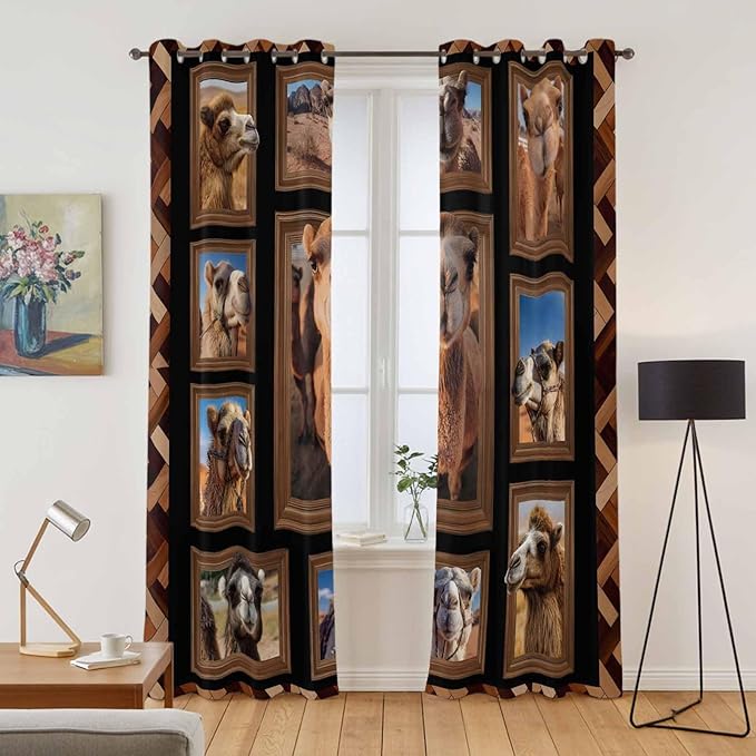 2 Panel Kitchen Cafe Curtains, Desert Camels Sunlight Filtering Nature Air Through, Home Decor Window Covering Tier Curtains for Living Room 80W x 84L inch Brown Wildlife Farmhouse Animals Rustic