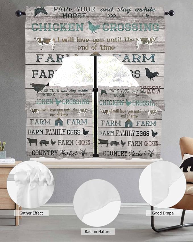 Farmhouse Swag Kitchen Curtains Valance and Tier Set, Green Black Barn Cow Pig Chicken Brown Wood Grain Light-Filtering Swag Valance 36 Inch Length, Rod Pocket Short Curtain for Bedroom Cafe