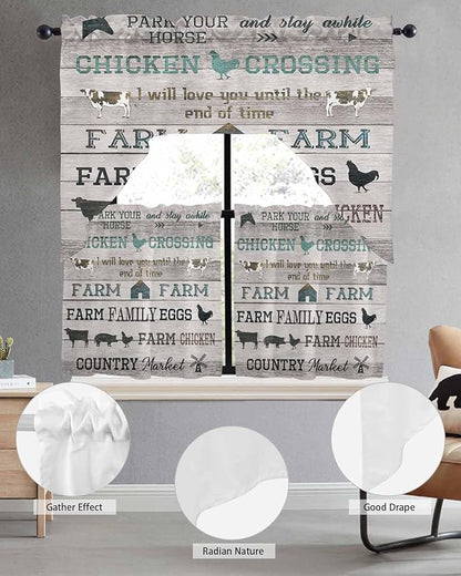 Farmhouse Swag Kitchen Curtains Valance and Tier Set, Green Black Barn Cow Pig Chicken Brown Wood Grain Light-Filtering Swag Valance 36 Inch Length, Rod Pocket Short Curtain for Bedroom Cafe