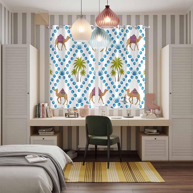 2 Panel Kitchen Cafe Curtains, Camels Palm Trees Sunlight Filtering Nature Air Through, Home Decor Window Covering Tier Curtains for Living Room 104W x 84L inch Tropical Desert Animal Plants Polka Dot