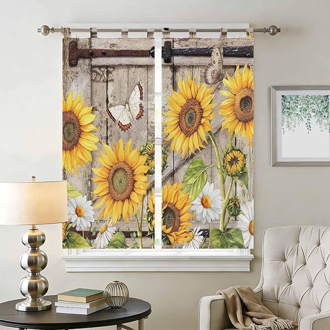 Farmhouse Sunflowers Bathroom Curtains 63 Inch Length, Window Curtains Tab Top, Rustic Barn Doors Flowers Butterfly Wooden Light Filtering Window Treatments Drapes 52"x63" 2 Panel