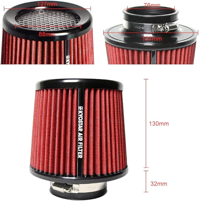 Universal 3" 76mm High-Flow Air Filter, Reusable Cone Cold Air Intake, High Performance, Washable, Clamp-On Car High Flow Dry Air Kit, Flange Diameter: 3 Inch, Filter Height: 6.4 Inch, Green