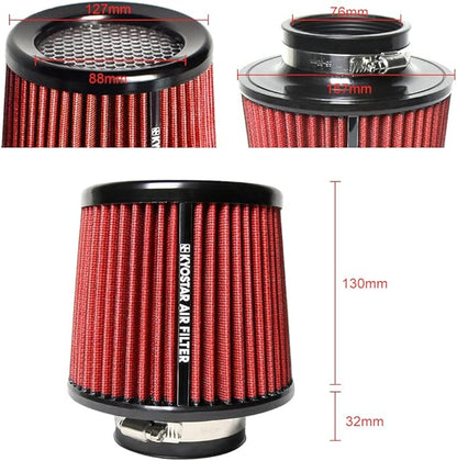 Universal 3" 76mm High-Flow Air Filter, Reusable Cone Cold Air Intake, High Performance, Washable, Clamp-On Car High Flow Dry Air Kit, Flange Diameter: 3 Inch, Filter Height: 6.4 Inch, Green