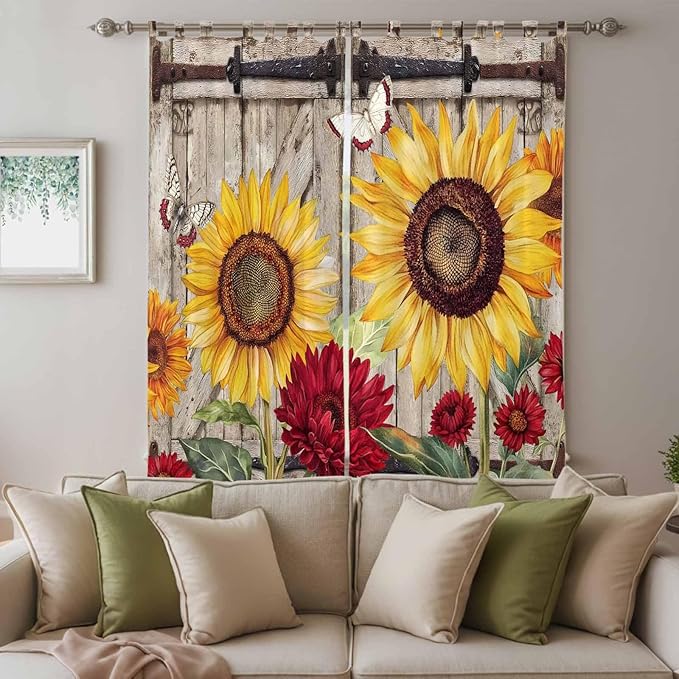 Sunflowers Living Room Curtains 84 Inch Length, Window Curtains Tab Top, Retro Flower Barn Doors Butterfly Farmhouse Brown Light Filtering Window Treatments Drapes 52"x84" 2 Panel