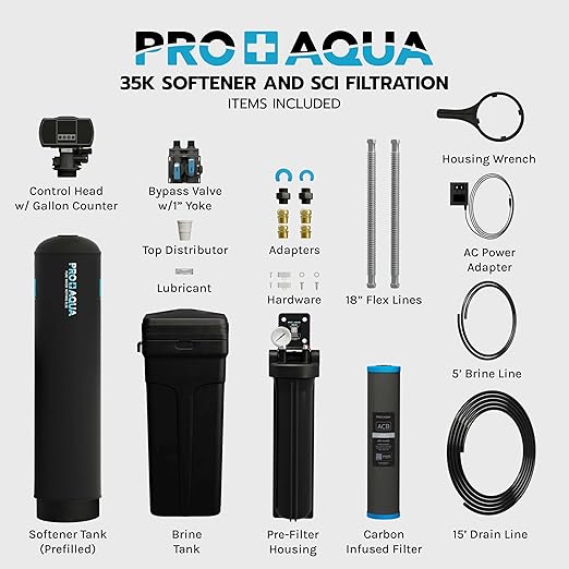 PRO+AQUA PRO-SCI-S35E Whole House Water Filter & Softener Bundle | 35,000 Grain Capacity, Removes Chlorine, Sediment, VOCs, Calcium, Magnesium, & More | Perfect for 2–3 bathrooms | Premium Durability