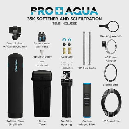PRO+AQUA PRO-SCI-S35E Whole House Water Filter & Softener Bundle | 35,000 Grain Capacity, Removes Chlorine, Sediment, VOCs, Calcium, Magnesium, & More | Perfect for 2–3 bathrooms | Premium Durability