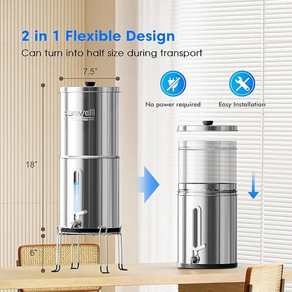 Purewell 1.5G Gravity Water Filter System, 3-Stage 0.01μm Ultra-Filtration Stainless Steel Countertop System with 2 Filters and Stand, Reduce 99% Chlorine, PW-MKS