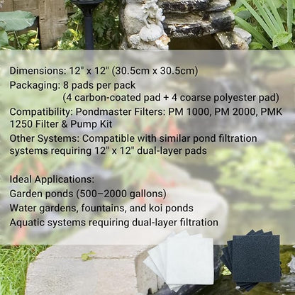 Replacement Filter Pads for Pondmaster 1000 & 2000 Polyester & Carbon Filtration Pads Compatible with Danner 12202, 12"x12" Reusable Pond and Aquarium Filter Pads for Clear, Healthy Water, 4-Pcs