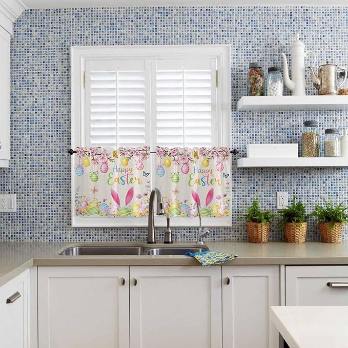 Happy Easter Half Window Curtains 24 Inches Long, Spring Farmhouse Bunny Eggs Flower Beige Window Treatment Curtain Drapes, Short Curtains Tiers for Kitchen Over Sink, 27.5"x24", 2 Panels