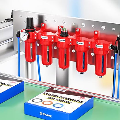 TAILONZ PNEUMATIC 0-150PSI 1/2 Inch NPT Red Industrial Grade 5 Stage Air Drying System, Particulate Filter, Coalescing Filter, Double Desiccant Dryer and Air Regulator (Manual Drainage)
