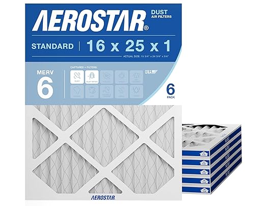 Aerostar 16x25x1 MERV 6 Pleated Air Filter, AC Furnace Air Filter, 6 Pack (Actual Size: 15 3/4"x 24 3/4" x 3/4")