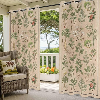 Vintage Outdoor Curtains for Patio Grass Herbal Botanical Garden Plants Waterproof Outside Curtains with Grommet Top Weatherproof Curtain for Cabana Pergola Gazebo, 1 Panel, 54" W x 108" L
