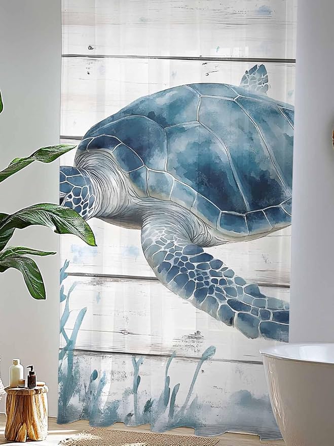 Sheer Curtains 84 Inches Long, Ocean Sea Turtle Semi Sheer Curtains Light Filtering Window Treatment, Coastal Seaweed Vintage Wood Grain Privacy Voile Drapes for Living Room Bedroom 52x84 Inch