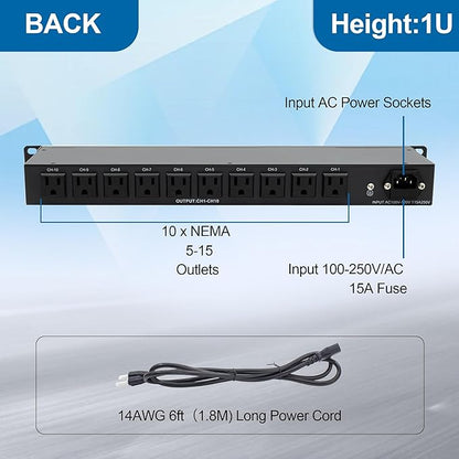 10 Outlets 1U Horizontal PDU Network Rackmount Power Strip with Surge Protector, (SPD-10KA) 100-240V,15A 3600 Joules, w/10 LED Switches and 6ft 14 AWG Cord