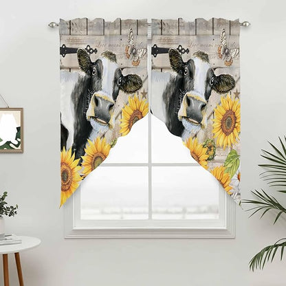 Yellow Sunflowers Swag Valances for Windows, Farmhouse Cow Barn Doors Floral Butterfly Rod Pocket Kitchen Curtains Valance, Kitchen Window Curtains Swag for Cafe Living Room, 2 Panels, 36x63 inch