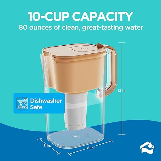 HOMEWATER 10-Cup Pitcher Filter (Peach) – BPA-Free, High-Capacity 2.4L Pitcher with Fast-Flow Carbon Filter, Wide Mouth for Easy Pouring, Removable Filter Replacement, Locking Lid, and Dishwasher-Safe