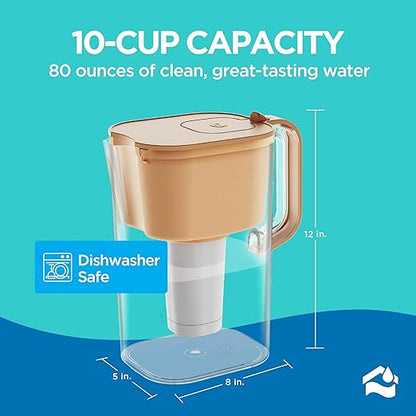 HOMEWATER 10-Cup Pitcher Filter (Peach) – BPA-Free, High-Capacity 2.4L Pitcher with Fast-Flow Carbon Filter, Wide Mouth for Easy Pouring, Removable Filter Replacement, Locking Lid, and Dishwasher-Safe