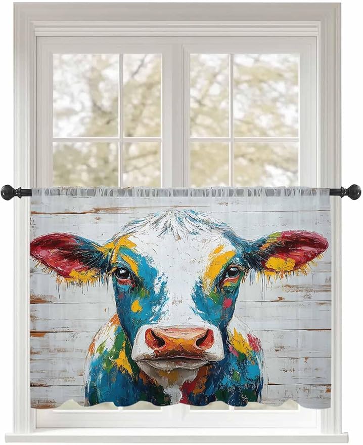 Sheer Curtains 54 Inch Length, Rustic Cow Semi Sheer Curtains Light Filtering Window Treatment, Vintage Colorful Animals Art Wooden Grain Privacy Voile Drapes for Living Room Bedroom 52x54 Inch