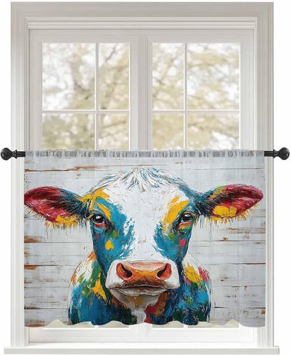 Sheer Curtains 54 Inch Length, Rustic Cow Semi Sheer Curtains Light Filtering Window Treatment, Vintage Colorful Animals Art Wooden Grain Privacy Voile Drapes for Living Room Bedroom 52x54 Inch