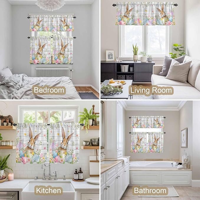 Kitchen Curtains Tiers and Valance Set of 3, Easter Light Filtering Window Curtain Set, Rustic Spring Bunny Eggs Botanical Grey Wooden Rod Pocket Curtain Drapes for Cafe, Living Room, 24 Inches Tiers