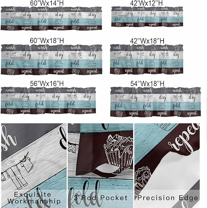 Laundry Rules Valances for Windows, Retro Blue White Wood Board Grain Kitchen Valance Light Filtering Rod Pocket Short Curtains for Kitchen Bathroom, 1 Panel, 56"x16"